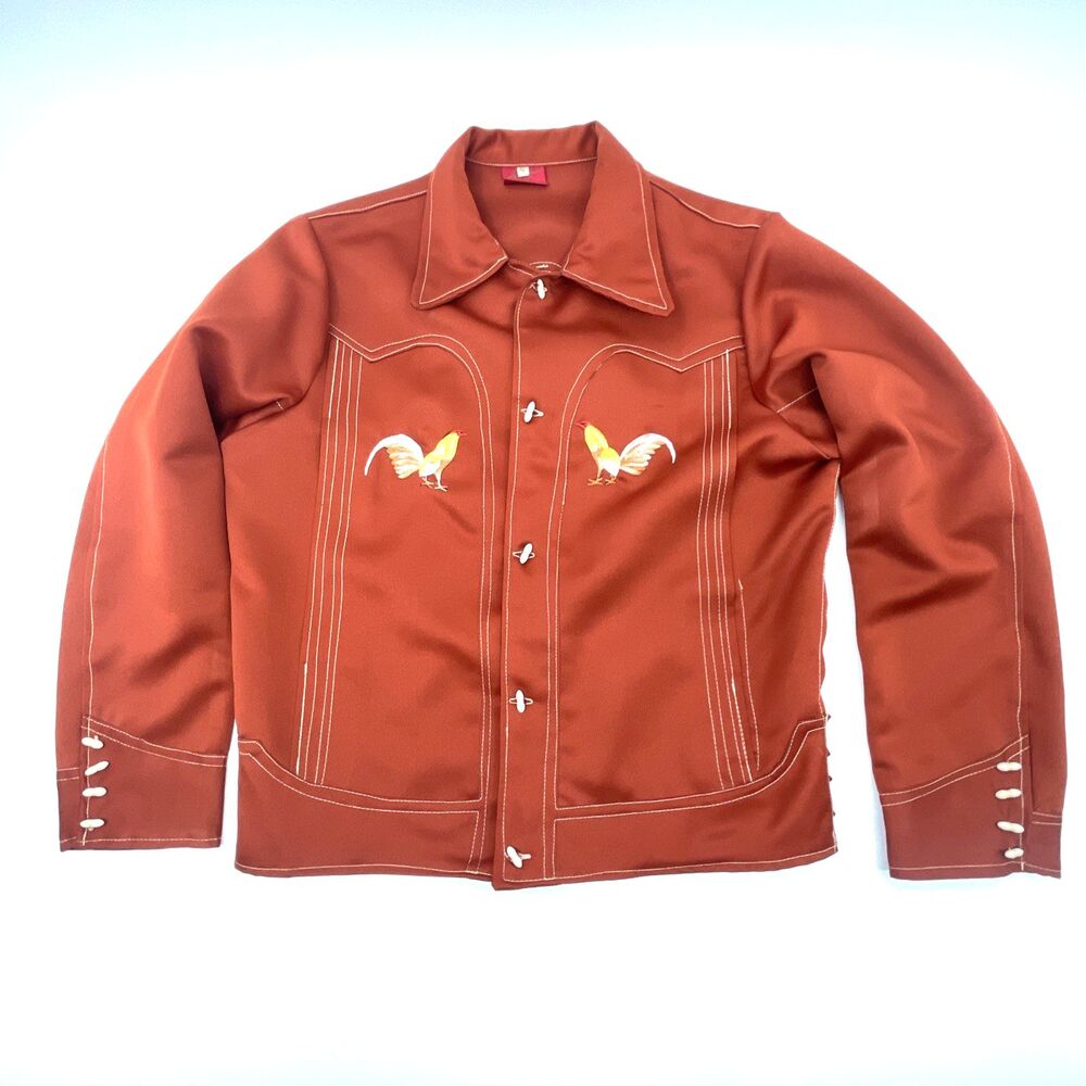 VTG Mexican Western Shirt L 42 Chicken Rooster Embroidered Orange Rockabilly